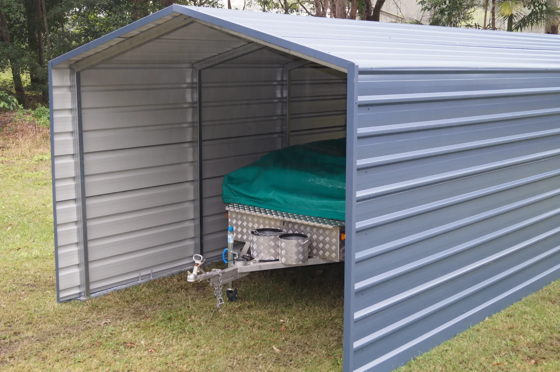 Trailer Shelter - 3m wide x 4.6m long x 2m sides (2.4m apex)  - Wind Region A (Dynamic) (Standard Side sheeting, No Gutters, XRW, Ground Anchors)